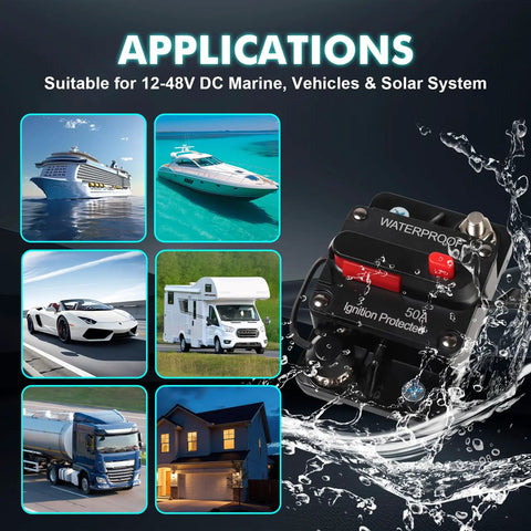 Kickass Heavy Duty 50 Amp Circuit Breaker For Boats And RVs With Manual Reset And Emergency Stop Switch IP54 Water Resistant Housing shown in application settings.