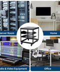 Rock Solid 15U Open Frame Network Server Rack Wall Mount Or Floor Stand Adjustable Depth 23 To 40 Inches Heavy Duty Carbon Steel Equipment Rack for AV IT Gear with vented shelves in a server room.