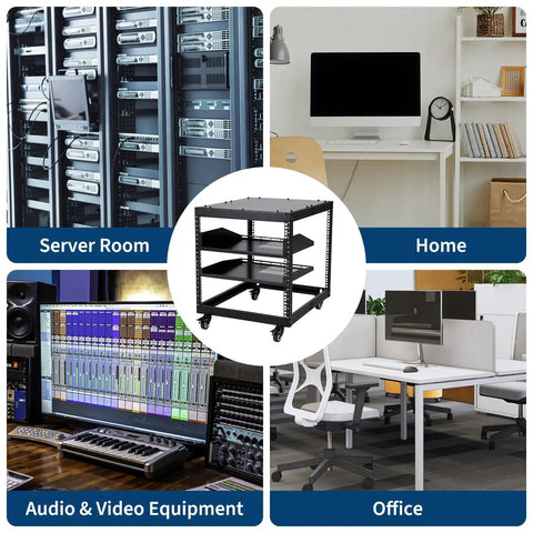 Rock Solid 15U Open Frame Network Server Rack Wall Mount Or Floor Stand Adjustable Depth 23 To 40 Inches Heavy Duty Carbon Steel Equipment Rack for AV IT Gear with vented shelves in a server room.