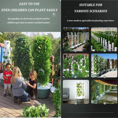 Family using Hydroponics Growing System With LED Grow Light And Hydrating Pump, Five Floor Tower Kit Outdoors For Fresh Produce