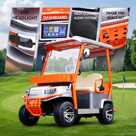 Heavy Duty Electric Golf Cart For Adults With 1800W Motor And 60V Battery Featuring Fixed Canopy weather guard with LED headlights.