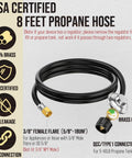 8 Ft Propane Hose With Regulator And Gauge Universal Gas Grill Connector For Blackstone 28 In And 36 In Griddles Weber Nexgrill Heaters And Fire Pits Three Eighths Inch Female Flare, CSA certified hose and gauge.