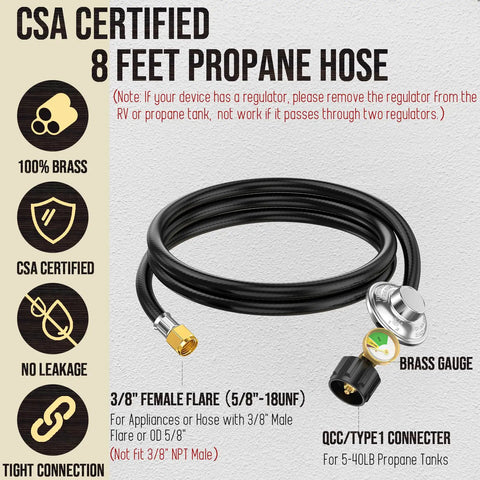 8 Ft Propane Hose With Regulator And Gauge Universal Gas Grill Connector For Blackstone 28 In And 36 In Griddles Weber Nexgrill Heaters And Fire Pits Three Eighths Inch Female Flare, CSA certified hose and gauge.
