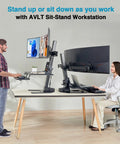 Avlt Electric Standing Desk Converter Fits Triple 32 Inch Monitors with motorized lift and adjustable height for dual workstation use.