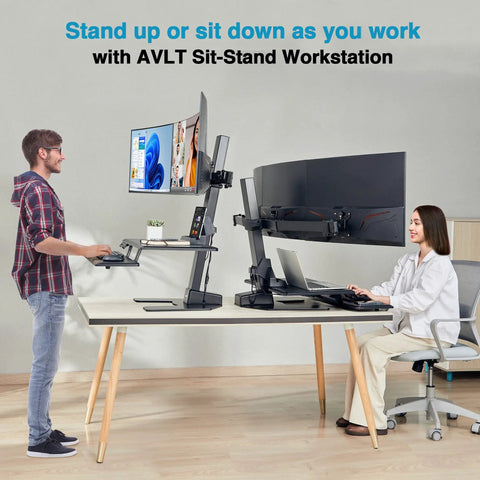 Avlt Electric Standing Desk Converter Fits Triple 32 Inch Monitors with motorized lift and adjustable height for dual workstation use.