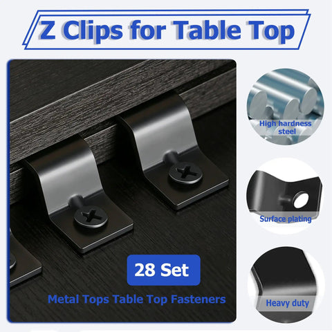Heavy Duty 28 Pack Black Z Clips For Wood Table Tops Secure Fasteners Galvanized Steel Anti Rust Holders Clamp Brackets on tabletop.
