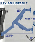 Super Smooth Heavy Duty Double Arm Dual Monitor Wall Mount With Zero Hassle Quick Height Adjustment For Two 17 To 32 Inch Monitors showing adjustable features.