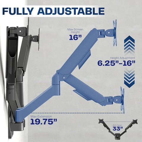 Super Smooth Heavy Duty Double Arm Dual Monitor Wall Mount With Zero Hassle Quick Height Adjustment For Two 17 To 32 Inch Monitors showing adjustable features.
