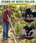 Man using 46in Stand Up Weed Puller Tool With Long Handle And 4 Claw Steel Head for Easy Garden Weeding Without Bending Or Kneeling.