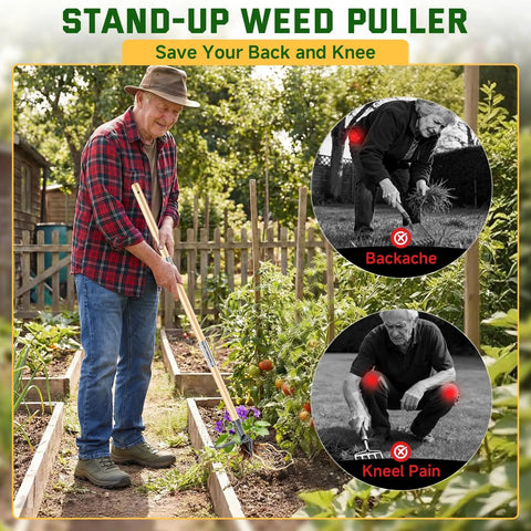 Man using 46in Stand Up Weed Puller Tool With Long Handle And 4 Claw Steel Head for Easy Garden Weeding Without Bending Or Kneeling.