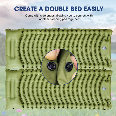 Ultralight Camping Sleeping Pad With Pillow And Built In Foot Pump Self Inflating Portable Mattress showing side snaps for double bed