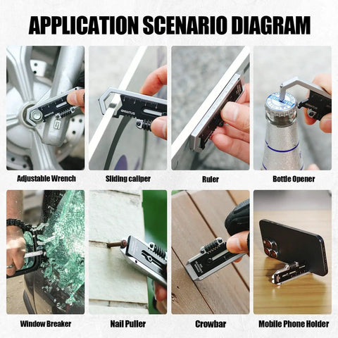 9 In 1 Pocket Multitool Wrench For Screws With Mini Pry Bar Nail Puller, Caliper Ruler, Bottle Opener, Glass Breaker, Keychain Tool applications