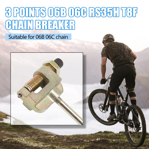 Universal Chain Breaker Tool For Dirt Bikes And ATVs 3 Points 06B 06C RS35h T8F shown with mountain bike rider in background