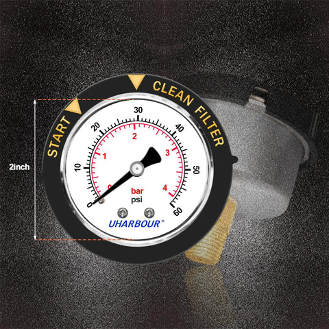 Waterproof Pool Pressure Gauge 60 PSI Back Mount One Fourth Inch NPT Replacement With Large Two Inch Dial Durable Protective Case Easy Bezel Twist For Quick Readouts On Pool Filter Systems, 2-inch dial