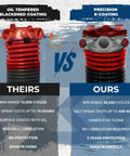 Comparison of oil tempered blackened coating vs precision E-coating on garage door springs, highlighting differences in cycle and protection.
