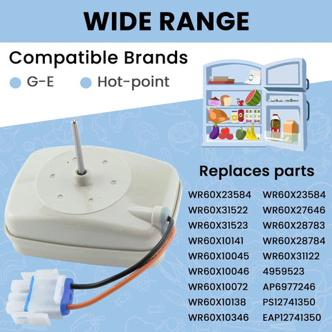 Refrigerator Evaporator Fan Motor Replacement WR60X10141 For GE And Similar Refrigerators 115V 60Hz 3W With 1 3/8 Inch Shaft Length And 1/8 Inch Shaft Diameter A Quick No Hassle DIY Fix To Restore Cold Airflow image showing fan motor, shaft, and compatible brands list.
