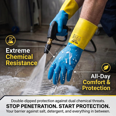 Heavy Duty 20 Mil Neoprene Latex Blend Work Gloves With Knockout Non Slip Palm Grip And Cozy Cotton Flock Lining For Tough As Nails Industrial Jobs And Reliable Chemical Safety Handling Large, blue gloves used for washing with a pressure washer.