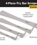 Heavy Duty Four Piece Stainless Steel Pry Bar Scraper Set With Nail Puller And Angled Edge For Prying Walls Moldings Tiles Wood Slats And Baseboards Including Five And A Half Inch Seven And A Quarter Inch Nine And A Quarter Inch And Twelve Inch Bars displayed on white background