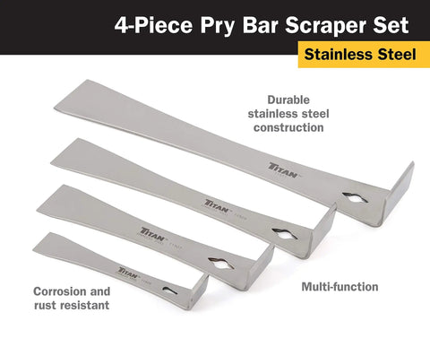 Heavy Duty Four Piece Stainless Steel Pry Bar Scraper Set With Nail Puller And Angled Edge For Prying Walls Moldings Tiles Wood Slats And Baseboards Including Five And A Half Inch Seven And A Quarter Inch Nine And A Quarter Inch And Twelve Inch Bars displayed on white background