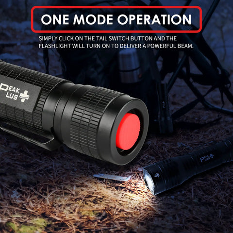 LED Tactical Flashlight PTAC1000 Two Pack With One Mode Operation, close-up on switch and zoomable beam, for outdoor use