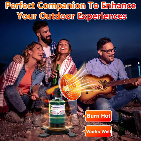 Portable Propane Heater For Camping And Outdoors With High Heat Output Foldable Tank Holder Ideal For Winter Tents displayed in use during evening outdoor gathering with friends