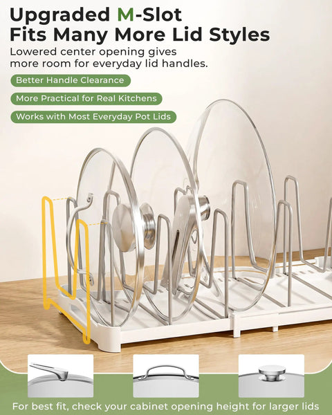Adjustable Bakeware Organizer Pot Lid Holder Rack for Pots, Cake Molds, Cutting Boards, Mats and Cookware Storage