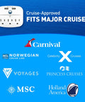 Cruise Ship Ready Must Have Power Strip With Two USB Ports, Non Surge Protector, logos of major cruise lines shown.