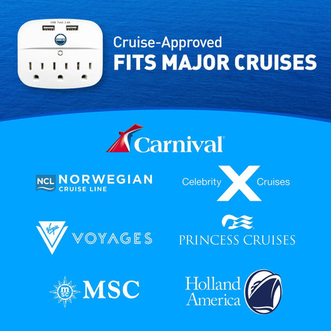 Cruise Ship Ready Must Have Power Strip With Two USB Ports, Non Surge Protector, logos of major cruise lines shown.