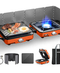 Kickass Two Burner Propane Camping Stove With Windproof Shield Portable Folding Gas Burner Road Trip Ready Cookout Setup, orange with cooking food.