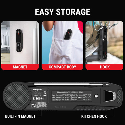 Lightning Fast One Second Instant Read Meat Thermometer With 180 Degree Rotating Display IP67 Waterproof storage options