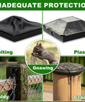 Image showing inadequate protection for wood posts with signs of melting, mold, and damage from gnawing animals. Rock Solid 4x4 Aluminum Post Caps Matte Black Pyramid Fence Covers Heavy Duty Powder Coated Yard Accents For Wood Posts Tight Fit Straight Up Durable Outdoor Upgrade Real Deal Beauty.