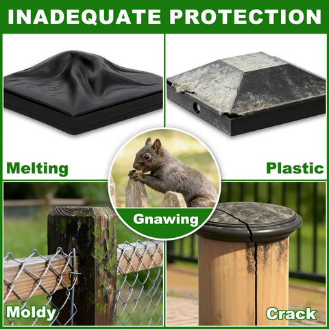 Image showing inadequate protection for wood posts with signs of melting, mold, and damage from gnawing animals. Rock Solid 4x4 Aluminum Post Caps Matte Black Pyramid Fence Covers Heavy Duty Powder Coated Yard Accents For Wood Posts Tight Fit Straight Up Durable Outdoor Upgrade Real Deal Beauty.
