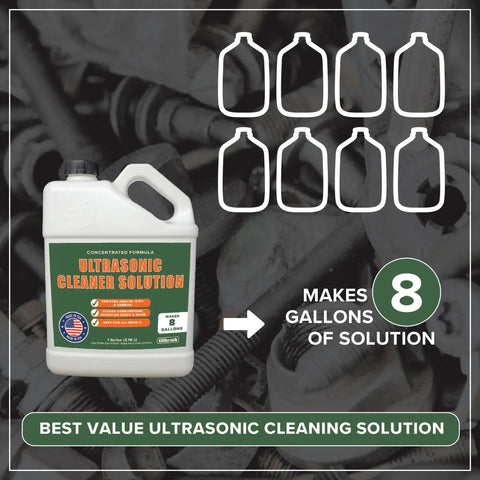 128 oz Ultrasonic Cleaner Solution for Automotive Parts and Carburetors, makes 8 gallons, ideal for heavy-duty degreasing in shops.