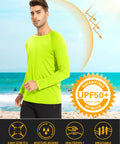 Model wearing Men's Long Sleeve UV Protection Baselayer Shirt For Running And Hiking, Quick Dry Moisture Wicking, UPF 50+ in fluorescent green on beach