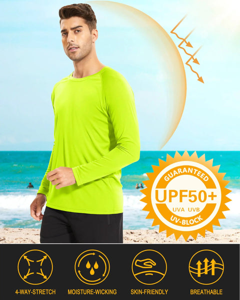 Model wearing Men's Long Sleeve UV Protection Baselayer Shirt For Running And Hiking, Quick Dry Moisture Wicking, UPF 50+ in fluorescent green on beach
