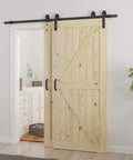 Installed Double 36x84 Inch Bypass Barn Door With 6.6 Ft Track Hardware Kit Included, Unfinished Solid Wood for home decor.