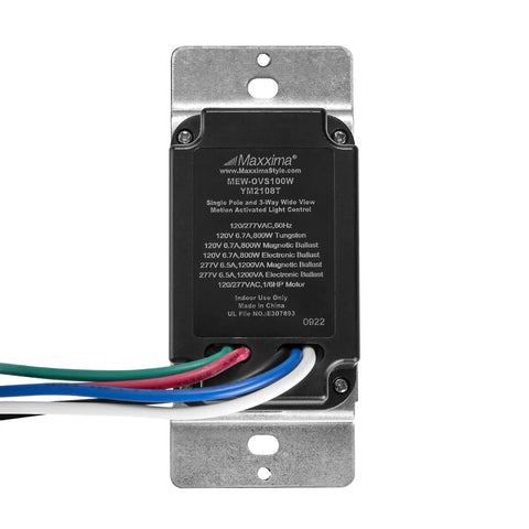 Occupancy Vacancy Motion Sensor PIR Wall Switch With Three Way Or Single Pole Configuration, rear view with wires visible