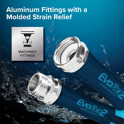 EvoFlex2 50 Foot RV Drinking Water Hose Ultra Lightweight Reinforced With Fabric Lead Free BPA Free Phthalate Free Abrasion Resistant CSA Certified Safe Drinking Water Hose For Camping, Road Trips, And Outdoor Adventures with aluminum fittings and molded strain relief