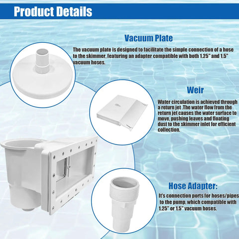 Wide Mouth Through Wall Skimmer Kit For Above Ground Pools with vacuum plate, weir, and hose adapter details over pool background.