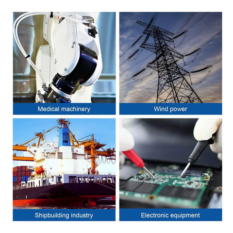 Collage of images: medical machinery, wind power, shipbuilding industry, and electronic equipment sectors.
