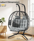 Cozy Double Hanging Egg Chair For Two With Adjustable Footrest And Stand, Indoor Outdoor Wicker Swing With Cushions, Grey, 660Lb Capacity