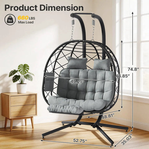 Cozy Double Hanging Egg Chair For Two With Adjustable Footrest And Stand, Indoor Outdoor Wicker Swing With Cushions, Grey, 660Lb Capacity