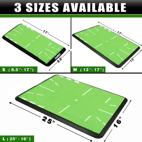 Three sizes of Heavy Duty Golf Hitting Mat With Swing Path Feedback For Indoor And Outdoor Practice shown, S, M, L