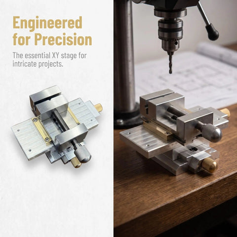 Rock Solid Precision Cross Slide Table With Heavy Duty Vice on a workbench, showcasing aluminum alloy structure and fine adjustment knobs.
