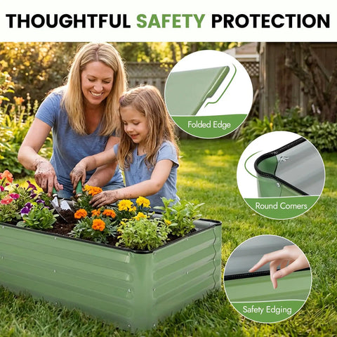 Woman and child gardening with a Galvanized Raised Garden Bed Kit 8x2x1 Ft Outdoor Metal Planter Box Olive Green Heavy Duty With Gloves For Vegetables And Flowers Patio Garden Bed That Resists Erosion And Drains Well In All Weather in a backyard.