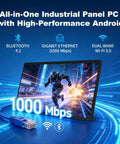 All In One Industrial Panel PC Android 12 Fanless Rig showcasing high performance features with connectivity icons.