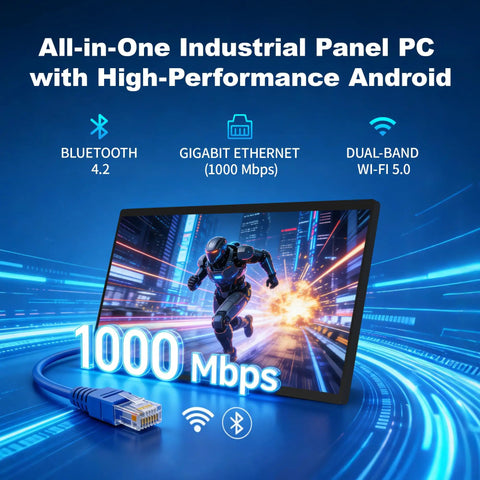 All In One Industrial Panel PC Android 12 Fanless Rig showcasing high performance features with connectivity icons.
