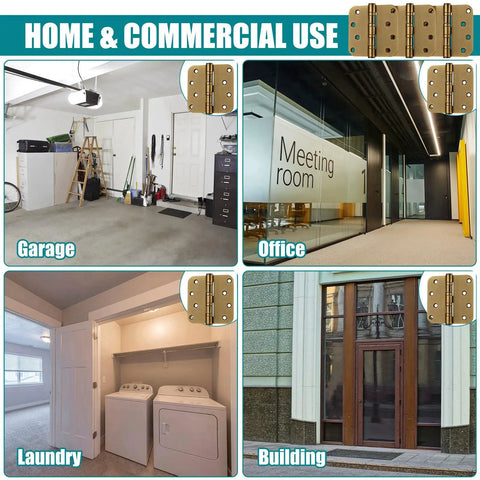 Six Piece Set Of Four Inch Ball Bearing Door Hinges With Five Eighths Inch Corner Radius Featuring Heavy Duty Brass Finish And Included Mounting Hardware For Breeze Through Installation And Smooth Swing in garage, office, laundry, and building settings.