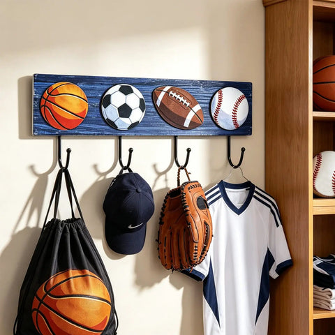 Hang Your Game Day Gear On This Slick Sturdy Four Hook Wooden Wall Rack Built For Displaying Baseball Basketball Football Jerseys And Athletic Room Storage with sports balls and gym gear.