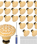 Deadset Classic Light Yellow Ceramic Cabinet Knobs Bundle Featuring 24 Round Vintage Drawer Pulls With Complete Mounting Hardware and screwdriver.